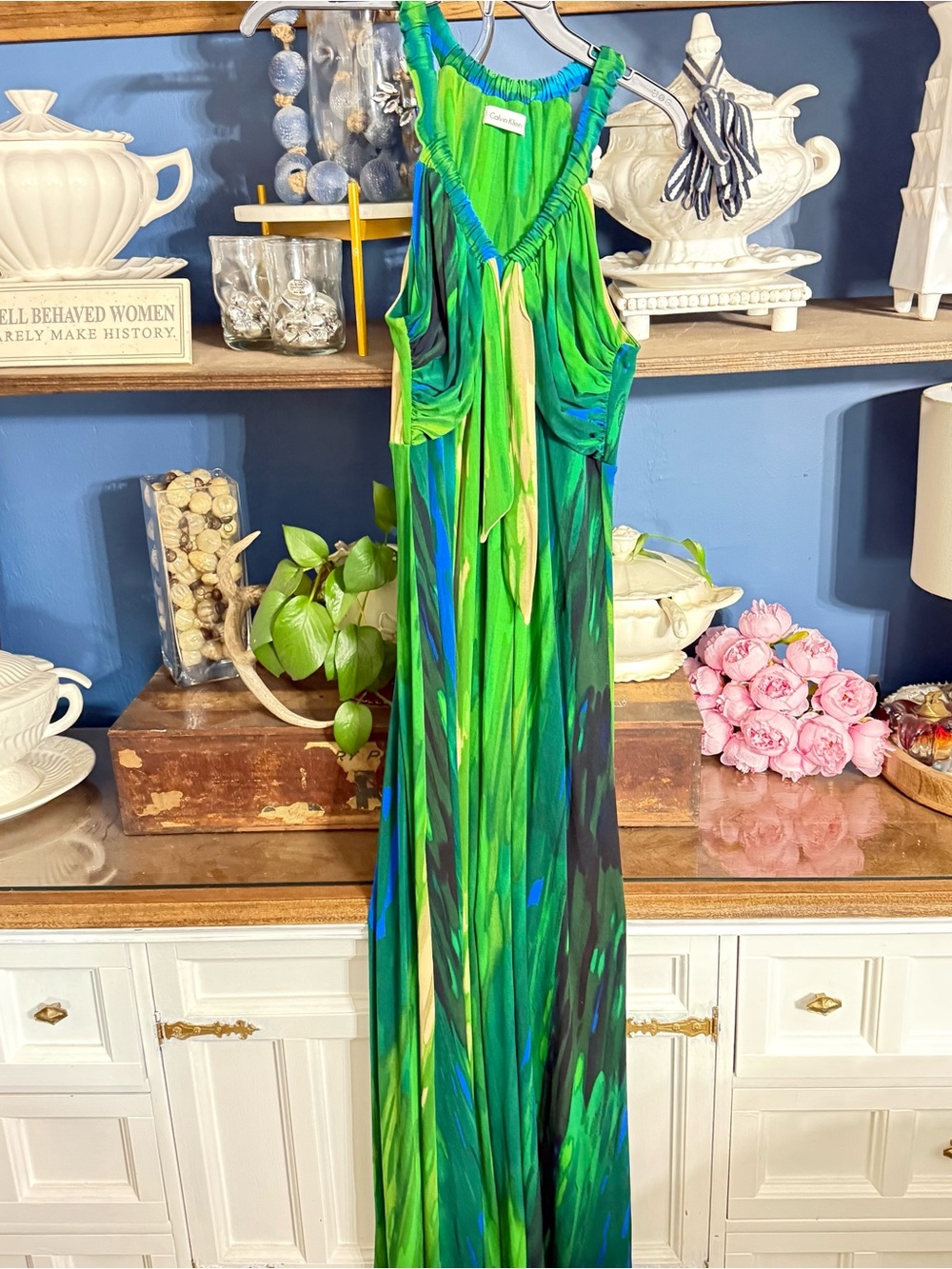 Calvin Klein Green Blue Printed Maxi Dress